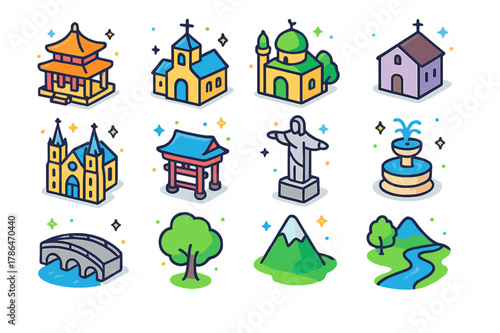 Colorful Pilgrimage Icons. pilgrimage path. Colorful isometric vector icons set of pilgrimage path: temple, church, mosque, monastery, cathedral, shrine,