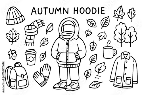 Autumn Hoodie Doodle. Autumn Hoodie. Hand-drawn doodle illustration Autumn Hoodie hoodie, person wearing hoodie, hood, zipper, pocket, scarf, gloves, sneakers,