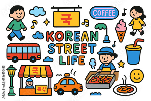 Korean Street Vibes. Korean Street Life. Colorful Hand-drawn doodle Children illustration Korean Street Life street food stall, tteokbokki, signboard, bus,