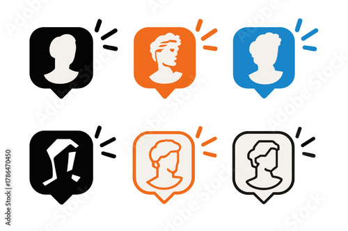 Sculpture and Social Media. The impact of social media on the art world. Set Logo of viral spark around sculpture: Filled silhouette, Stylized detail, Iconic