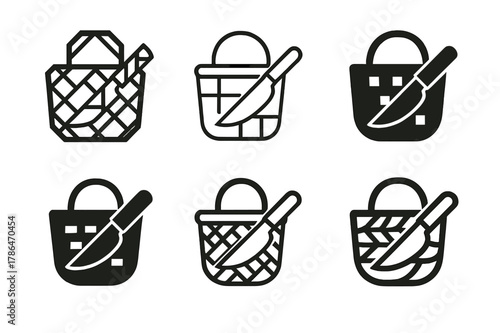 Forager's Basket Logos. Forager?s basket. Set Logo of Forager?s basket: woven basket and field knife. harmonious logo variations of the same emblematic