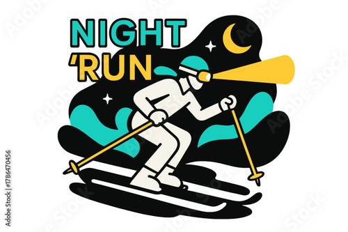 Neon Night Skiing. Night Skiing Glow. Headlamps streak like comets; the mountain hums under a crescent moon. Neon ?Night Run? letters hover in the cold air.