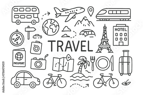 Travel Doodle Compilation. Travel. Hand-drawn doodle illustration acquiring knowledge airplanes, trains, buses, cars, bicycles, maps, compasses, suitcases,