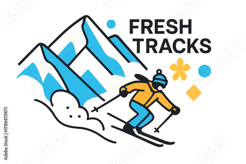 Lone Skier Descent. Backcountry Descent. A lone skier drops into untouched powder, tiny against bold ridgelines. ?Fresh Tracks? floats beside