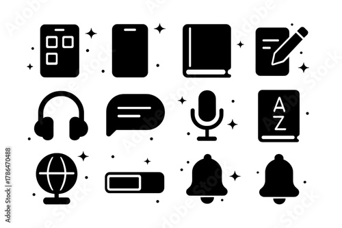 Digital Learning Icons. Learning Tools. Solid icons set of Learning Tools: app interface, smartphone, book, notebook, pencil, headset, chat bubble, microphone,