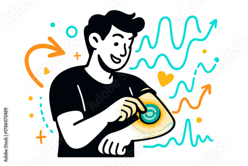 Cyborg Biofeedback Scene. Cyborg enhancement. A person fitting a wearable biosensor glowing on their arm,