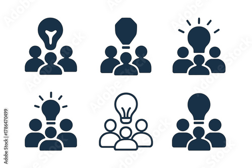 Creative Marketing Logos. Managing marketing teams and campaigns. Set Logo of Managing marketing teams and campaigns: group brainstorming with light bulb. Icon