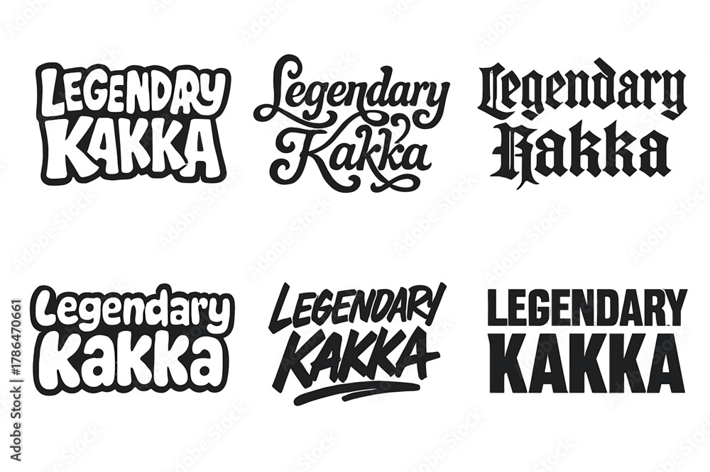 Obraz premium Legendary Lettering Variations. Legendary Kakka. Set lettering. harmonious lettering variations of the same emblematic concept (Funky cartoon-style lettering,