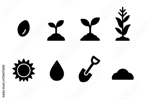 Plant Growth Stages. Plant growth stages. Filled icon set of plant growth stages: seed, sprout, small plant,