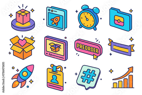 Colorful Launch Icons. Product launch buzz. Colorful isometric vector icons set of Product launch buzz: spotlighted product box, teaser post, countdown clock,