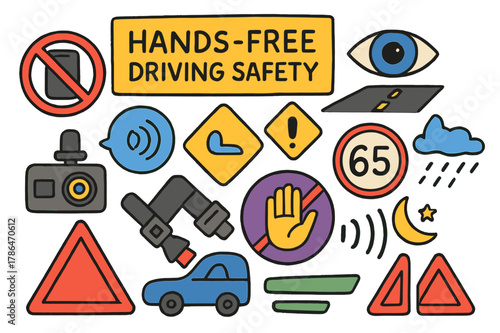 Hands-Free Driving Icons. Hands-free driving safety. Colorful Hand-drawn doodle Children illustration Hands-free driving safety eyes on road icon, do not