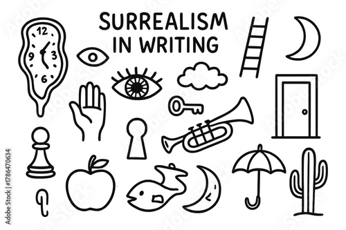 Surrealist Doodle Elements. Surrealism in writing. Hand-drawn doodle illustration Surrealism in writing melting clock, floating eye, ladder, fish, keyhole,