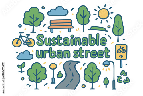 Sustainable Urban Street. Sustainable urban street. Hand-drawn doodle illustration of sustainable urban street