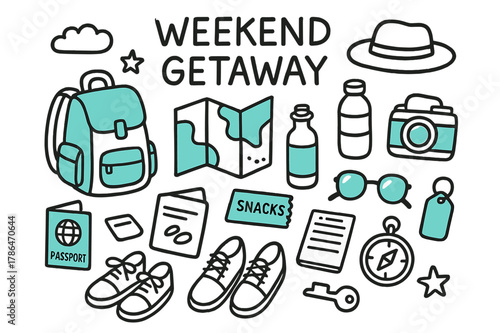 Weekend Getaway Essentials. // Weekend getaway. Hand-drawn doodle illustration Weekend getaway [travel bag (accented), map (accented), camera (accented),