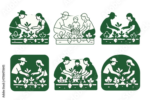 Family Garden Harvest. A family picking fresh vegetables from their garden in the countryside. Set Logo of a family picking fresh vegetables from their garden