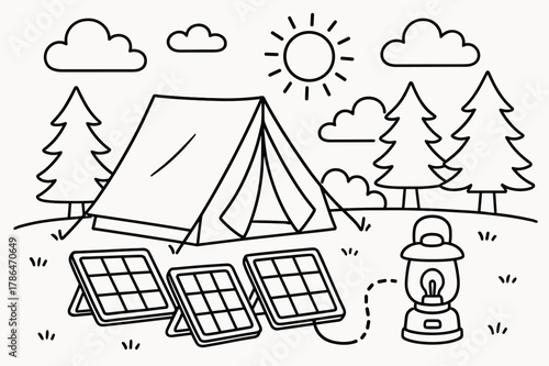 Solar Camping Adventure. Portable solar panels children?s coloring book illustration, outlined drawing, a camping scene with a tent, trees, and small foldable