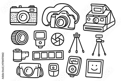 Vintage Camera Doodles. Old cameras. Hand-drawn doodle illustration old cameras film camera, lens, flash, tripod, photo roll, negative strip, polaroid, strap,