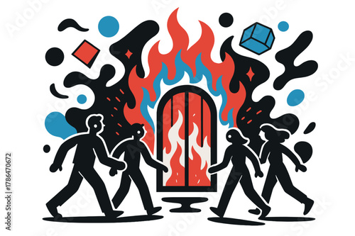 Fiery Geometric Journey. Figures Walking Towards Fiery Gates. People approaching flaming gates with floating abstract geometric shapes and sparks, dark and