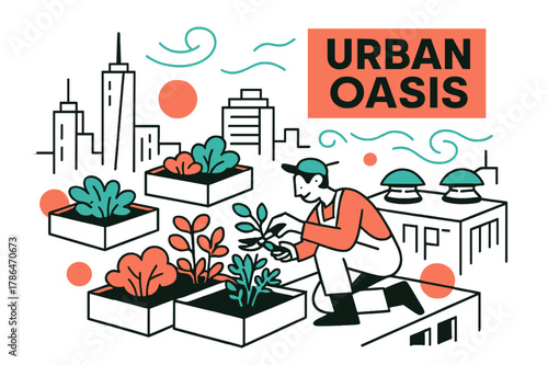 Urban Rooftop Oasis. Green infrastructure ? Rooftop gardens. City skyline hums as modular planters hover; a gardener snips herbs, wind lines swirl. ?URBAN