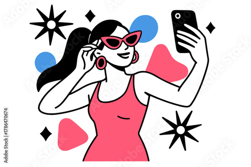 Glamorous Selfie Moment. Celebrity Influencer. Person taking a selfie with camera flashes and floating abstract geometric shapes, glamorous and stylish moment.