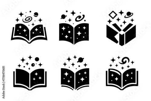 Sci-Fi Book Logos. Science fiction books. Icon set. Set Logo of sci-fi books: open book with stars and galaxies. harmonious logo variations of the same