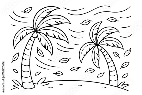 Windy Palm Coloring. Windy palm day children?s coloring book illustration, outlined drawing, palm trees bending gently in the breeze with curved motion lines