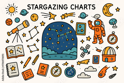 Celestial Doodle Showcase. Stargazing charts. Hand-drawn doodle illustration constellations (colored), stars (colored), planets (colored), moon (colored),