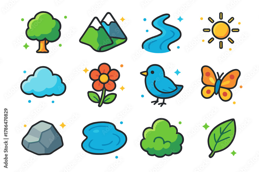 Fototapeta premium Colorful Nature Icons. Nature icons. Colorful isometric vector icons set of nature icons: tree, mountain, river, sun, cloud, flower, bird, butterfly, rock,