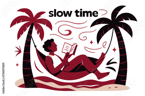 Hammock Reading Bliss. Beach Vacation ? Hammock Reading. A person sways between palms; pages flutter gently while breeze lines curl across the scene. Caption