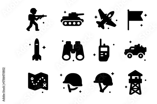 Tactical Icons Grid. Tactical Advance. Solid icons set of Tactical Advance: soldier, tank, jet, missile, binoculars, flag, map, radio, armored vehicle,