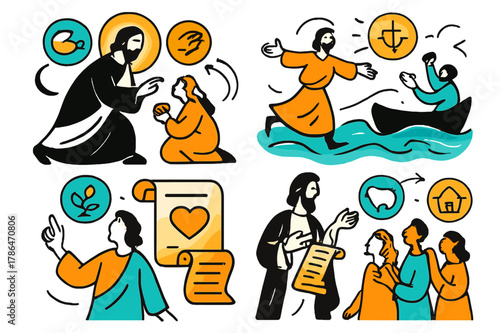 Biblical Story Illustrations. Biblical stories. Glowing abstract scenes with figures, scrolls, and icons