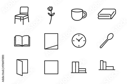 Minimalist Icon Collection. Minimalist Moments. Line icon set of Minimalist Moments: empty chair, single flower, ceramic cup, folded towel, open book, plain