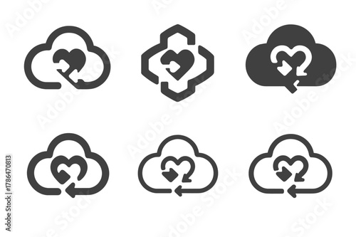 Healthcare App Logo Variations. Healthcare mobile app. Set Logo of Healthcare mobile app: health data cloud sync arrows. Icon set. harmonious logo variations