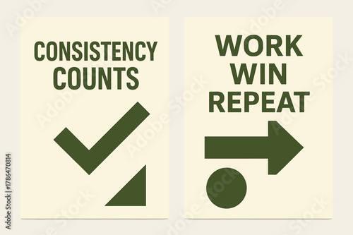 Consistency Banners Design. Consistency counts. Two vertical A6 banners with safe margins, centered composition, no elements touching edges, geometric, olive