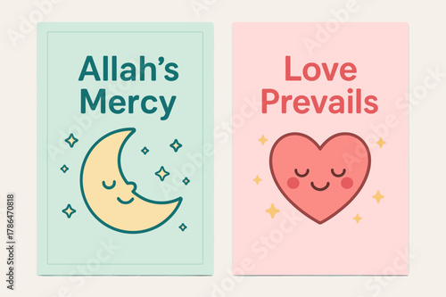 Mercy and Love Banners. Mercy & Love. Two vertical A6 banners with safe margins, centered composition, no elements touching edges, cartoon, pastel mint and