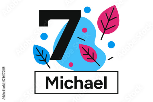Geometric Table Card Design. Place Card with Table Number. A large numeral ?? anchors the layout while a slim name strip sits below. Geometric leaves and dots