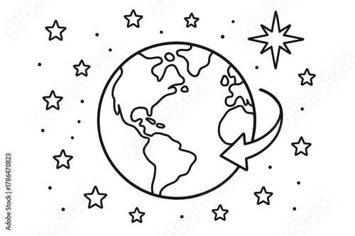 Earth Rotation Diagram. Stars and Earth?s rotation children?s coloring book illustration, outlined drawing, a globe showing a curved arrow of rotation with