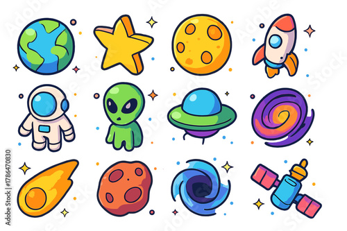 Colorful Space Icons. space. Colorful isometric vector icons set of space: planets, stars, moons, rockets, astronauts, aliens, spaceships, galaxies, comets,