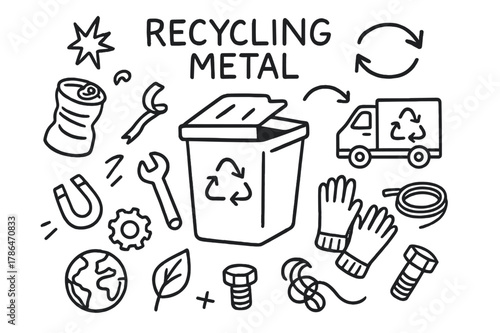 Metal Recycling Doodle. Recycling metal. Hand-drawn doodle illustration recycling metal recycling bin, can, scrap metal, wrench, gear, arrows, magnet, truck,