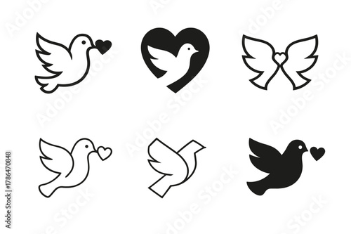 Dove Love Logos. Love and affection. Set Logo of Love and affection: Dove. harmonious logo variations of the same emblematic concept, each with different