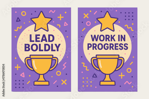 Bold Leadership Banners. Lead boldly. Two vertical A6 banners with safe margins, centered composition, no elements touching edges, memphis, purple and yellow,