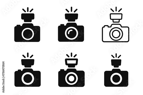 Digital Camera Logos. Digital cameras. Set Logo of Digital cameras: hot-shoe flash mounted on camera. Icon set. harmonious logo variations of the