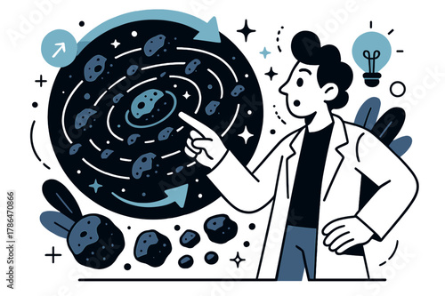 Asteroid Belt Exploration. Asteroid belt studies. Researcher pointing at asteroid belt hologram with abstract floating orbit lines, stars, and asteroids;