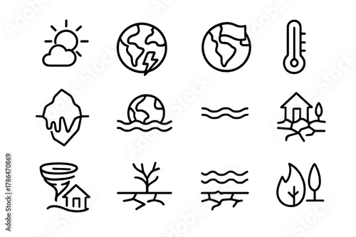 Climate Change Icons. The impact of climate change on the environment. Line icon set of The impact of climate change on the environment: climate, change,