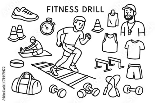 Fitness Drill Icons. Fitness Drill. Hand-drawn doodle illustration Fitness Drill agility ladder, athlete running, cones, sneakers, stopwatch, water bottle,