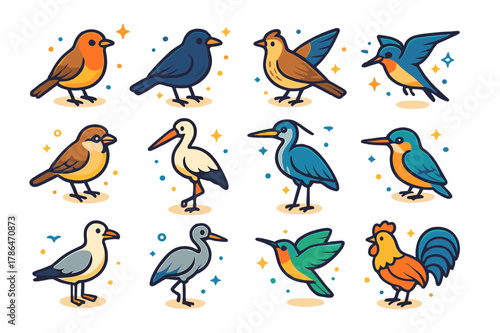 Daybreak Bird Icons. birds at daybreak. Colorful isometric vector icons set of birds at daybreak: robin, blackbird, skylark, swallow, sparrow, stork, heron,