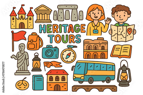Heritage Tour Icons. historical and heritage tours. Colorful Hand-drawn doodle Children illustration historical and heritage tours castle, museum, ancient