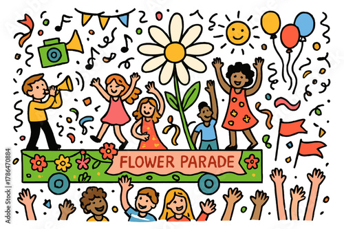 Colorful Flower Parade. Flower parade. Colorful Hand-drawn doodle Children illustration Flower parade decorated float, garlands, crowd cheering, music notes,