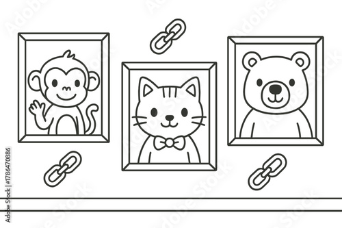 Cute Animal Gallery. NFT collectibles gallery children?s coloring book illustration, outlined drawing, three cute framed cards on a simple wall showing