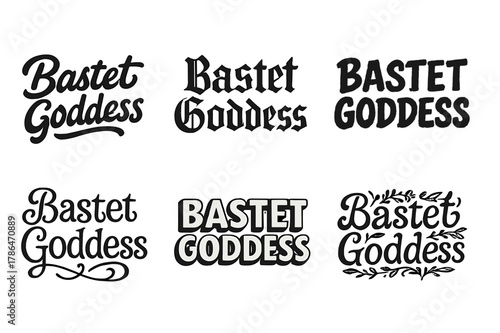 Bastet Lettering Variations. Bastet Goddess. Set lettering. harmonious lettering variations of the same emblematic concept (Bold hand-lettering with playful